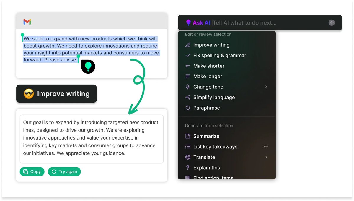 jackcoder0's tweet image. 3/ Inspire writing from any chosen text.
→ Generate drafts, ideas, and outlines for articles, blog posts, ads, etc 🪶
→ Rephrase, expand, translate, or explain existing text 🪄
→ Fix spelling, grammar, and syntax errors 🔧
→ Summarize long pieces of text