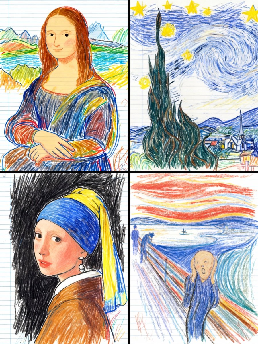 TechieBySA's tweet image. Kid-Drawn Paintings by Seedream 4 by @BasedLabsAI 🎨✏️

Prompt👇🏻