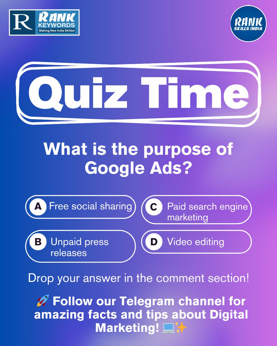 rank_group96838's tweet image. 🎯 Digital Marketing Quiz Time!
Let’s test your marketing knowledge 👇
Comment your answer below 👇 and see who gets it right first! 🏆
📢 Join our Telegram Channel!
Get daily amazing facts, tips, and updates about Digital Marketing 🚀
#RankKeywords #QuizTime