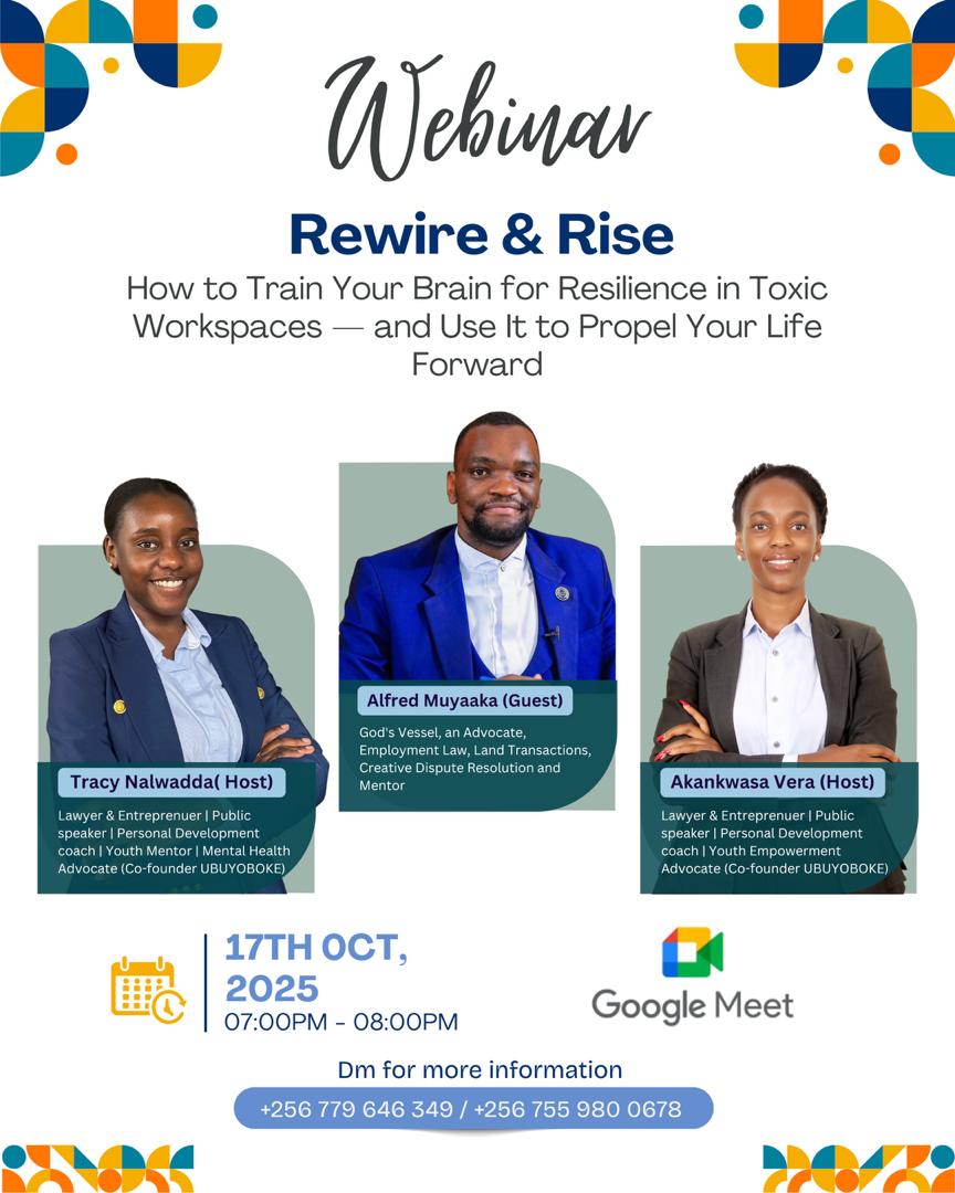 ubuyoboke's tweet photo. https://t.co/fRilMdqNKi
Ever feel drained at work but can’t walk away? Join Tracy Nalwadda, Vera Akankwasa &amp; Alfred Muyaaka, who’s navigated the corporate world for years. Learn how to train your brain for resilience and get practical tips on handling workplace stress. https://t.co/KTswAEy7SB