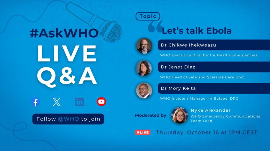 nighealthwatch's tweet photo. Happening today!
Join the #AskWHO live Q&A as experts discuss everything you need to know about #Ebola, from prevention to response.
🕐 1 PM CEST
📍 Live on X, Facebook, LinkedIn & YouTube via @WHO https://t.co/uQS1xCwkNE