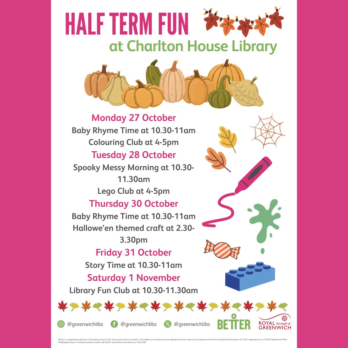 CharltonLib's tweet image. It’s nearly time for #HalfTermFun! Join us at #CharltonLibrary for lots of fun + free activities for children including Lego building, autumn and spooky themed arts and crafts, colouring, books to browse and borrow and more! 🎃👻🎨 #LoveYourLibrary