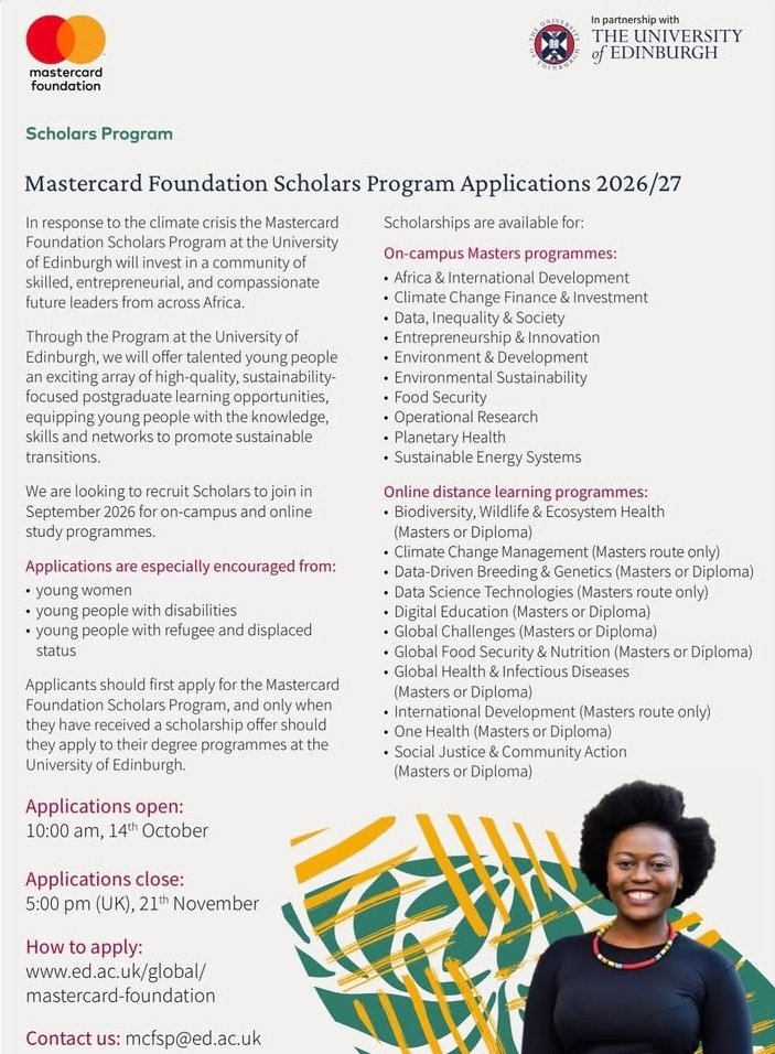 YorubaProjobs's tweet image. 🎓 Mastercard Foundation Scholarship 2026/27 🌍

Don’t miss this life-changing opportunity to study at the University of Edinburgh!

👉 Apply now: ed.ac.uk/global/masterc…

#ScholarshipAlert #MastercardFoundation #StudyAbroad #Education