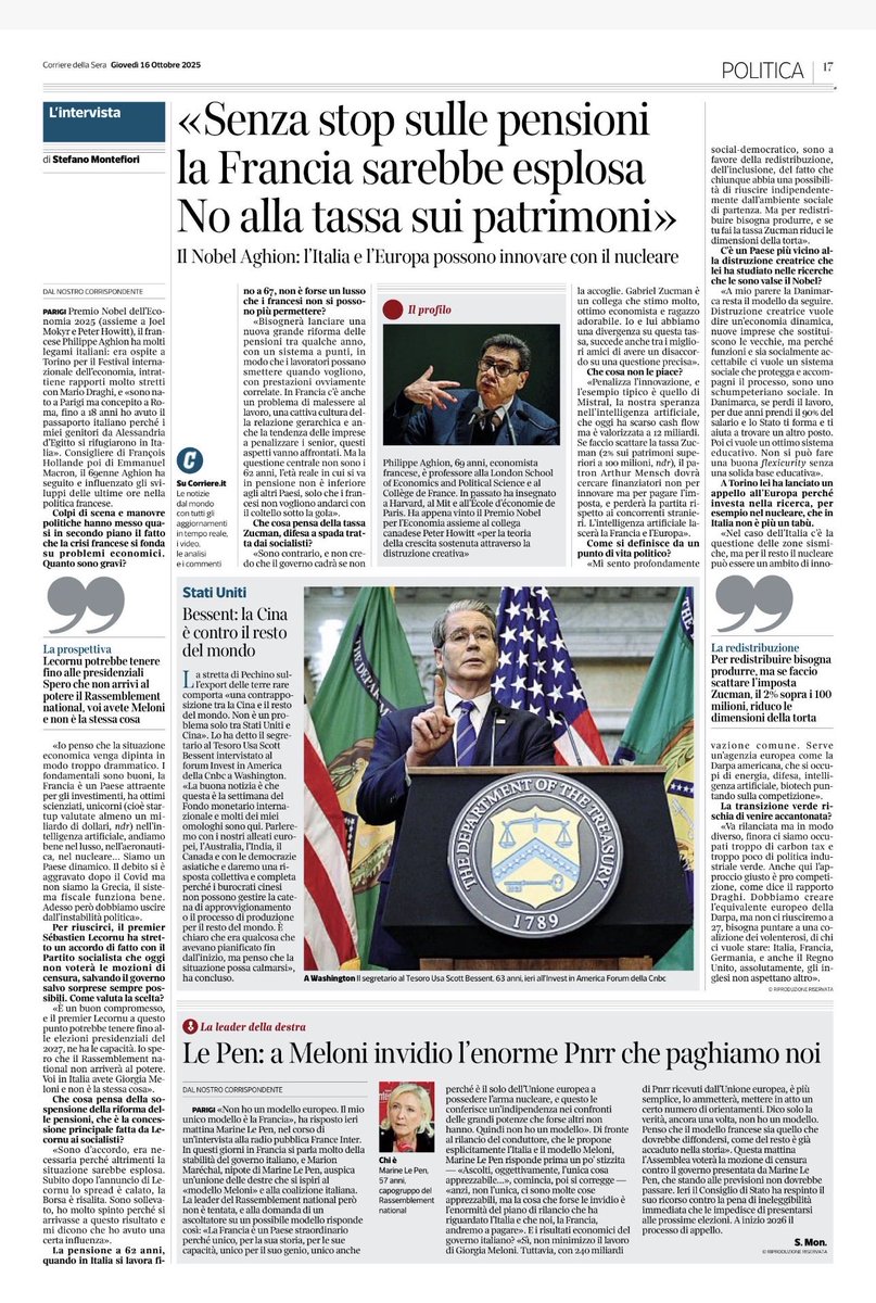 «Senza stop sulle pensioni la Francia sarebbe esplosa. 
No alla tassa sui patrimoni». Il premio Nobel Philippe Aghion, ospite del Festival Internazionale dell’Economia di Torino 2025 oggi su <a href="/Corriere/">Corriere della Sera</a>