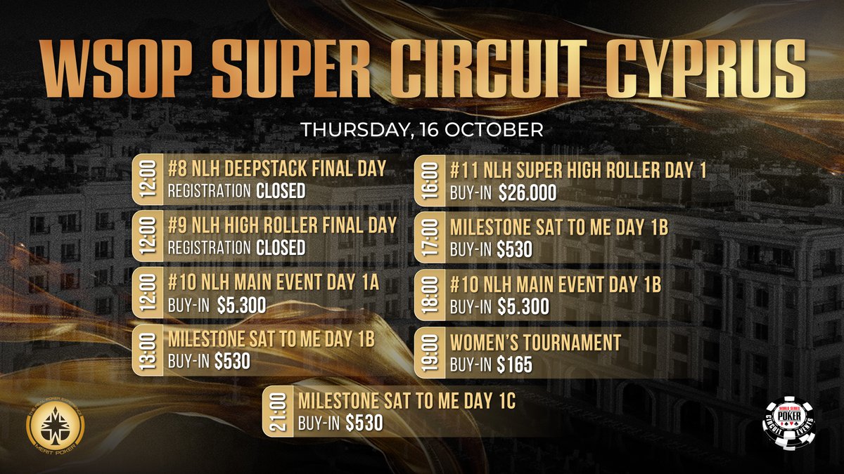 meritpokerlive's tweet image. OCTOBER 16, THURSDAY — MAIN EVENT KICKS OFF TODAY
The highlight of the WSOP Super Circuit has arrived - it’s time for the MAIN EVENT!
$5300 Main Event
12:00 & 18:00 — Day 1A and Day 1B get underway today!
Also on today’s schedule:
12:00 – Day 2 of the #DeepStack and…