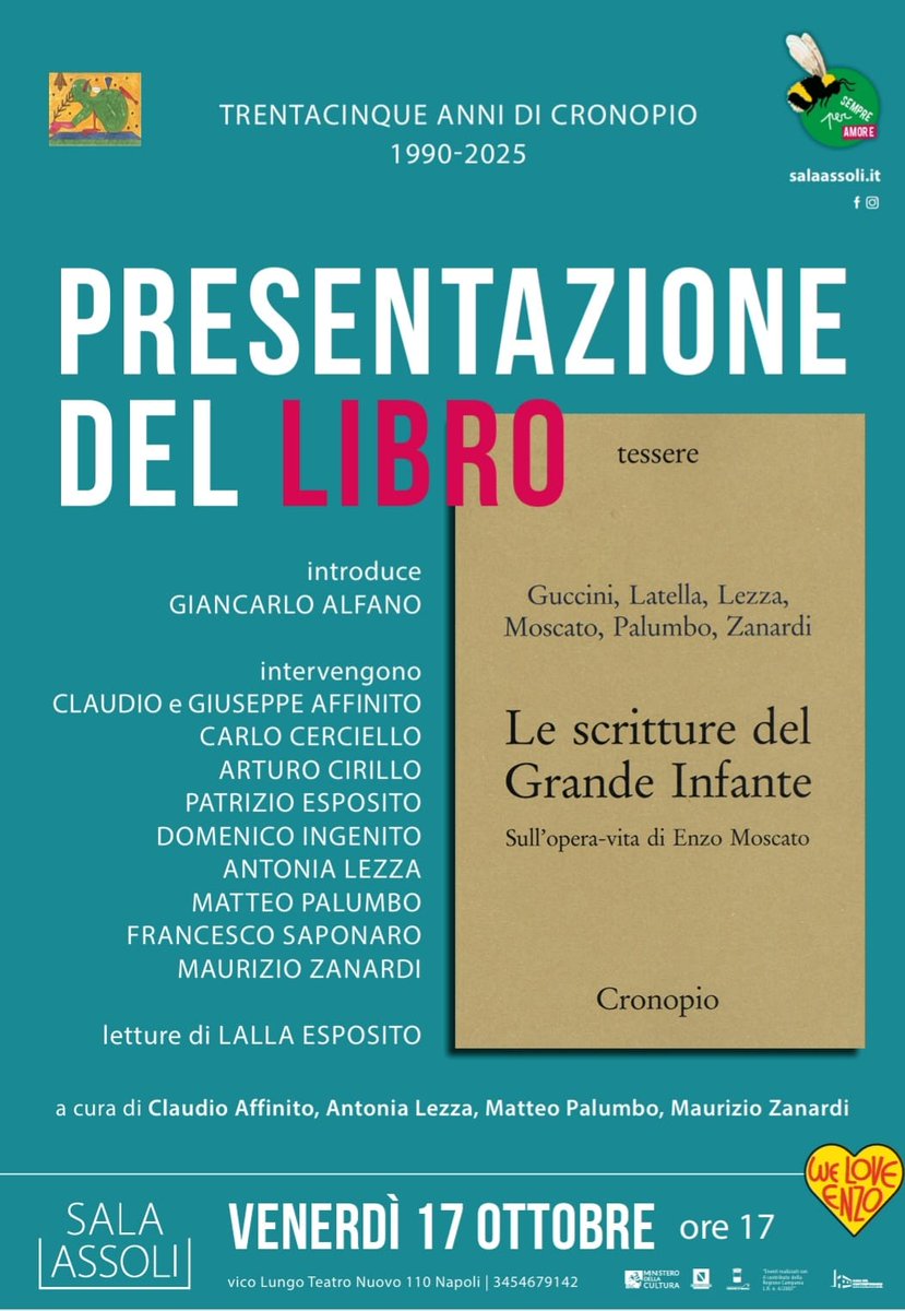 trentacinque anni di Cronopio 
1990-2025

venerdì 17 ottobre, ore 17
Sala Assoli, Napoli

si presenta il libro sull'opera-vita di #EnzoMoscato

<a href="/Radio3tweet/">Rai Radio3</a> <a href="/PieroSorr/">Piero Sorrentino</a>
<a href="/ERT_Teatro/">EmiliaRomagnaTeatro</a> <a href="/letteratume/">Letteratume</a> 
<a href="/TeatroBellini/">Teatro Bellini</a> @monitor <a href="/indicedilettura/">Indice di lettura</a>
<a href="/FataMorganaWeb/">Fata Morgana Web</a>
<a href="/BiancoCritico/">Bianco Critico</a>