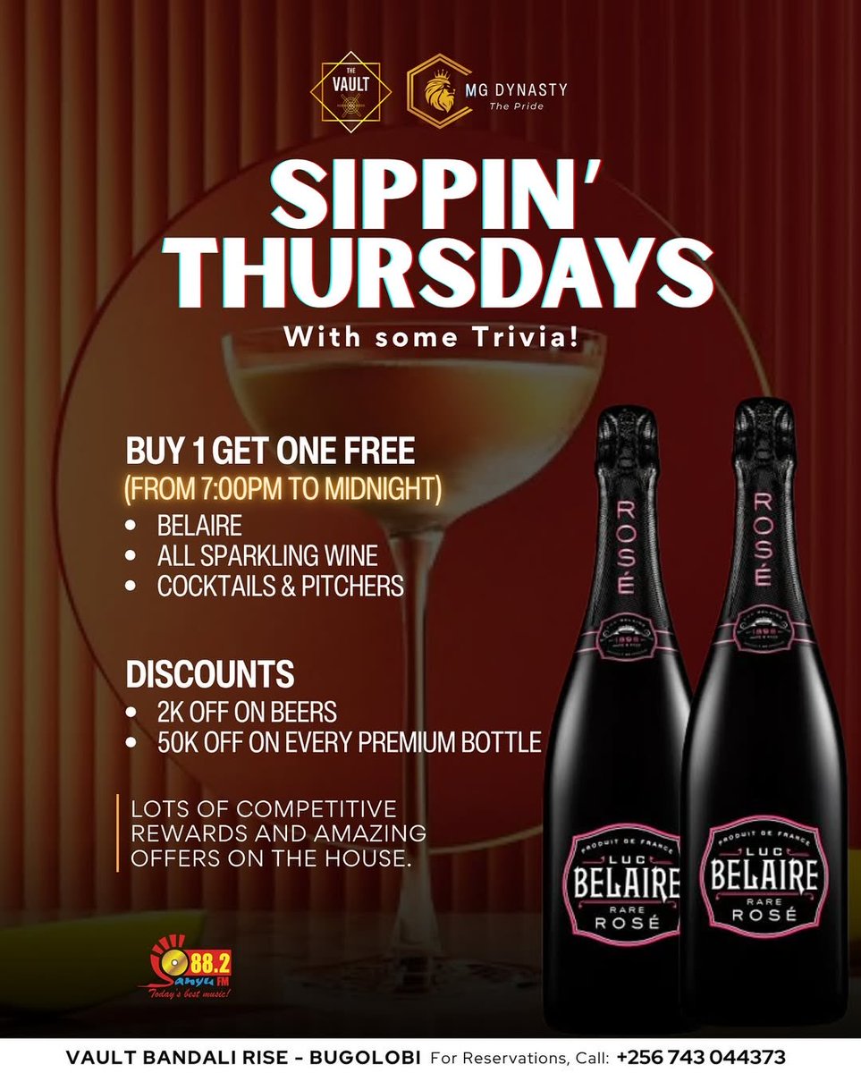 Tonight at 8 PM, join <a href="/kanyindo/">Siima Kyakuhaire</a> and Sandra Teta for a thrilling Quizzin’ &amp; Sippin’ showdown at <a href="/VaultUg/">VAULT UG</a>! Brace for an epic evening packed with fun, brain-teasing quizzes, and awesome prizes waiting to be won!

—<a href="/882SanyuFM/">88.2 Sanyu FM</a>, <a href="/MGDynasty256/">MG Dynasty</a>, <a href="/PrudentialUG/">Prudential Uganda</a>.