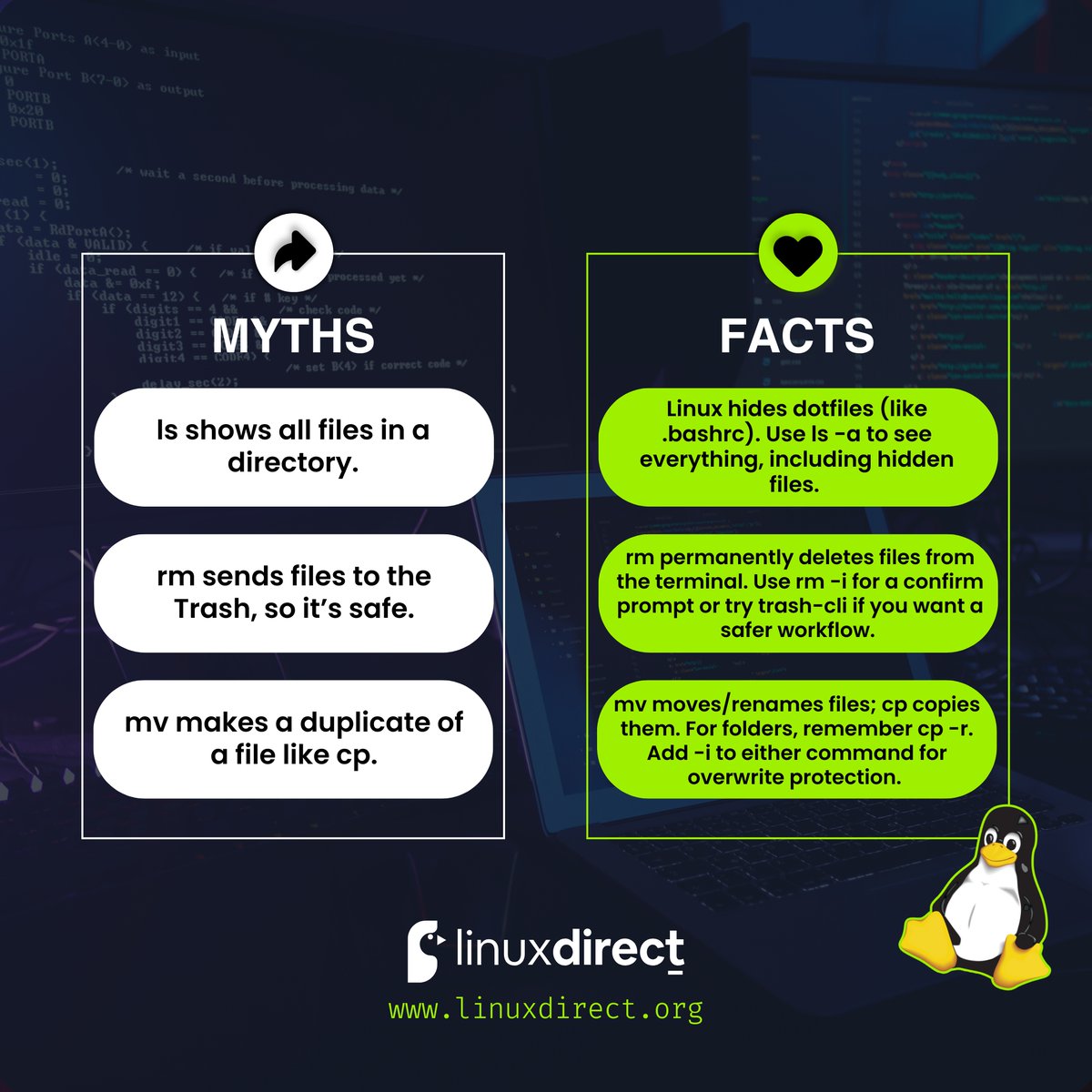 LinuxDirect_'s tweet image. 🌍 OFFICIAL WEBSITE: linuxdirect.org

💡 3 Linux Facts Beginners Miss (Manage Files &amp;amp; Directories)

#LinuxDirect #LinuxTips #LinuxForBeginners #LearnLinux #LinuxBasics #CommandLineMagic #LinuxTraining #LinuxCommunity #SysAdmin #DevOps #TerminalTips #OpenSource