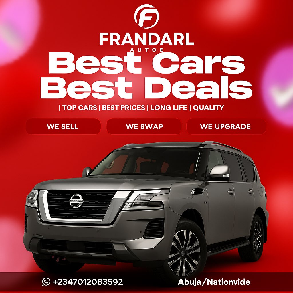 Some of us just want that one sale that’ll rewrite the story. 😇
Not asking for too much just grace + visibility.
🚗✨ FranDarl Autos — Driving Dreams Into Reality
Contact:  07012083592
Let be your PLUG‼️‼️
#FranDarlAutos #Abuja #CarPlug #DreamBig #Nigeria #Nigeriacars