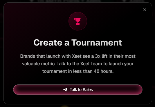 The button’s already there, so the feature should go live any moment now (that’s my assumption - right now it still links to Telegram).

48 hours from zero to a live tournament on <a href="/xeetdotai/">xeet</a> is pretty wild and impressive. In just 48 hours, a brand could use this feature to grab