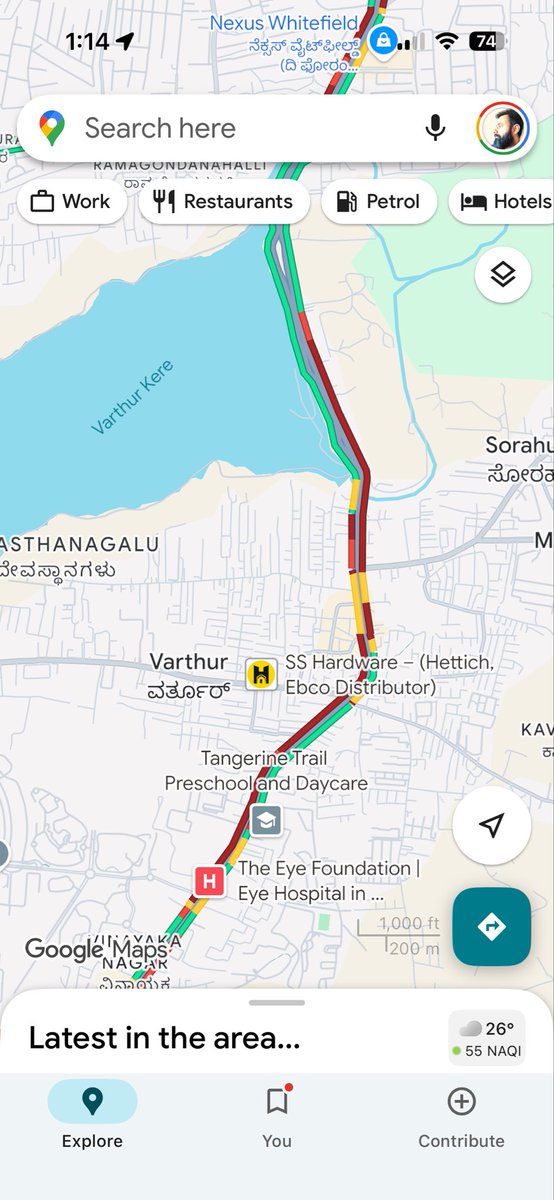 Today our kids took 2 hours to reach school on Sarjapur-Varthur road from Whitefield (14 kms). This is the state of traffic right now (1pm off peak hour). Is anyone even actively solving for potholes and traffic on this road? <a href="/WFRising/">Whitefield Rising</a> <a href="/blrcitytraffic/">ಬೆಂಗಳೂರು ಸಂಚಾರ ಪೊಲೀಸ್ BengaluruTrafficPolice</a> <a href="/DKShivakumar/">DK Shivakumar</a> <a href="/ChristinMP_/">ChristinMathewPhilip</a>
