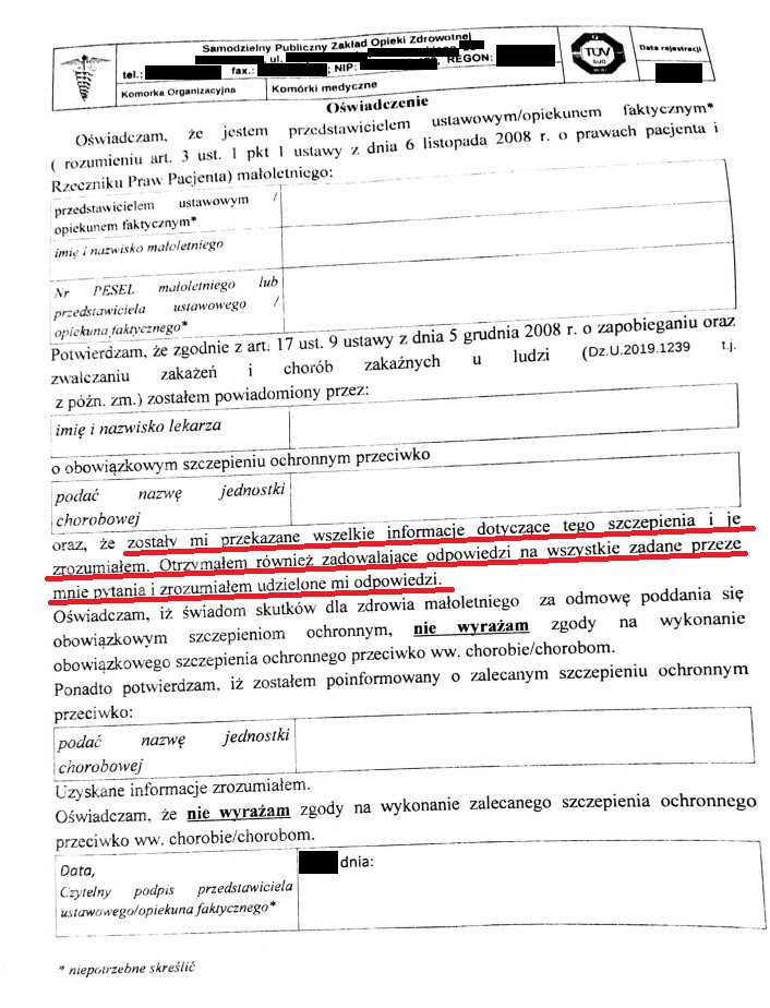 szczepienie's tweet photo. Konowalstwo na porodówce łamie prawo, jeśli wmawia rodzicom że ten świstek "trzeba podpisać", ponieważ rodzice, którzy nie chcą poddać swojego dziecka szczepieniom, nie mają obowiązku podpisywania żadnych świstków o odmowie wyrażenia zgody na szczepienie.

Ten świstek jest po prostu bezprawny.

Gdy konował da Wam coś takiego do podpisu, należy z uśmiechem powiedzieć: 

"A teraz proszę o wskazanie podstawy prawnej,  która stanowi, że mam obowiązek to podpisać. Poza tym, skoro czytam tutaj, że "zostały mi przekazane wszelkie informacje dotyczące tego szczepienia i otrzymałam zadowalające odpowiedzi na wszystkie pytania" to najpierw chciałabym te pytania zadać.
Więc proszę o odpowiedź na następujące pytania:
✅Jakie jest obecnie w Polsce ryzyko zgonu noworodka szczepionego i nieszczepionego?
✅Jakie jest obecnie w Polsce ryzyko zgonu niemowlęcia szczepionego i nieszczepionego?
✅Jakie jest obecnie w Polsce ryzyko zgonu dziecka w wieku 2 lat, szczepionego i nieszczepionego?
✅Czy moje dziecko umrze w wyniku tego szczepienia? Tak? Nie? Nie wiem?
✅Czy moje dziecko dozna ciężkich powikłań w wyniku tego szczepienia? Tak? Nie? Nie wiem?
✅Czy moje dziecko jest uczulone na składniki szczepionki? Tak? Nie? Nie wiem?
✅Czy moje dziecko choruje na wrodzone niedobory odporności? Tak? Nie? Nie wiem?
✅Jaka jest lista wymienionych przez producenta szczepionki przeciwwskazań do szczepienia noworodka szczepionką BCG i w jaki sposób lekarz wykluczył u mojego dziecka każde z tych przeciwwskazań?
✅Jaka jest lista wymienionych przez producenta szczepionki przeciwwskazań do szczepienia noworodka szczepionką przeciw WZWB i w jaki sposób lekarz wykluczył u mojego dziecka każde z tych przeciwwskazań?"
