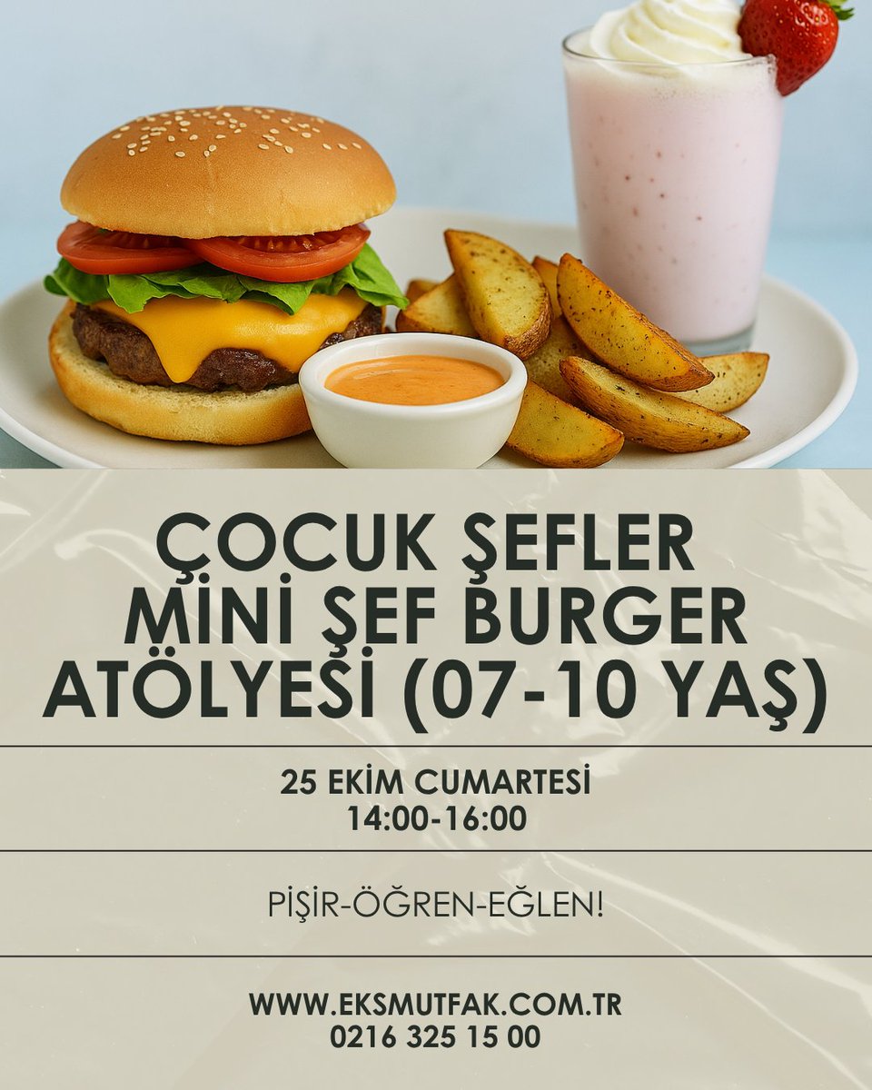 Sevdiklerinizde keyifli vakit geçirmek, yeni bir hobi edinmek, kendinizi mutfakta geliştirmek istiyorsanız bu haftaki workshop takvimimiz sizin için!

🥯 22 Ekim Çarşamba: Pastane Klasikleri 
🍔 22 Ekim Çarşamba: EKS Burger
🥩🍴 23 Ekim Perşembe: Etler ve Pişirme Teknikleri
🍔 25
