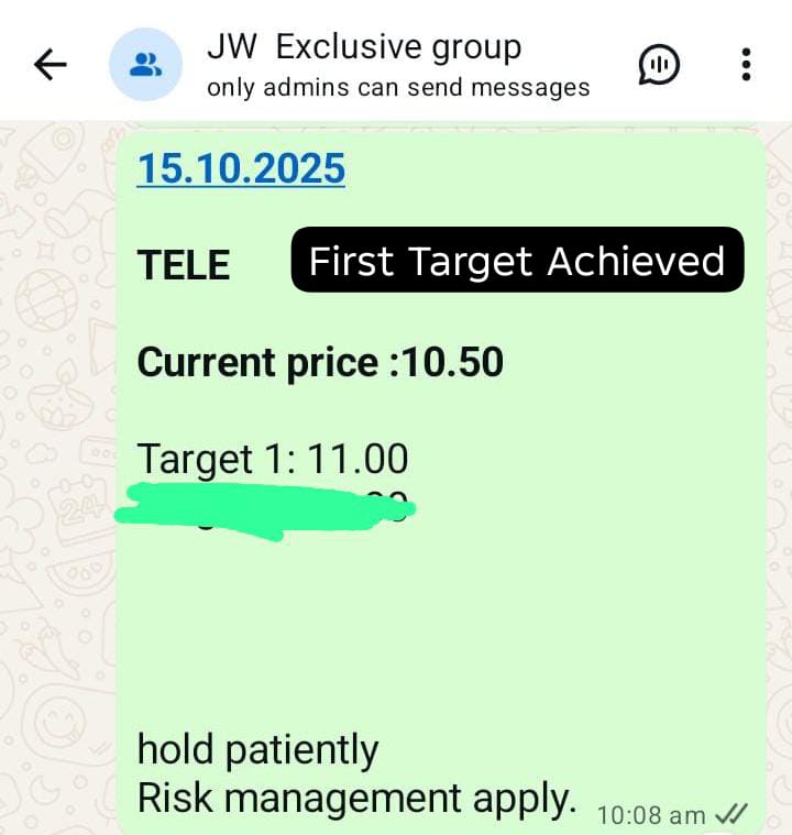 Pakistanshar846's tweet photo. ๐ First Target Achieved! ๐
TELE hit the first target successfully โ from 10.50 to 11.00 โ
Stay connected for more winning calls and market insights.
๐ Contact: +92 332 9859289
#StockMarket #TargetAchieved #PakistanStockExchange #PSXUpdates #Investment #TradingSignals https://t.co/2sDxHCNqvf