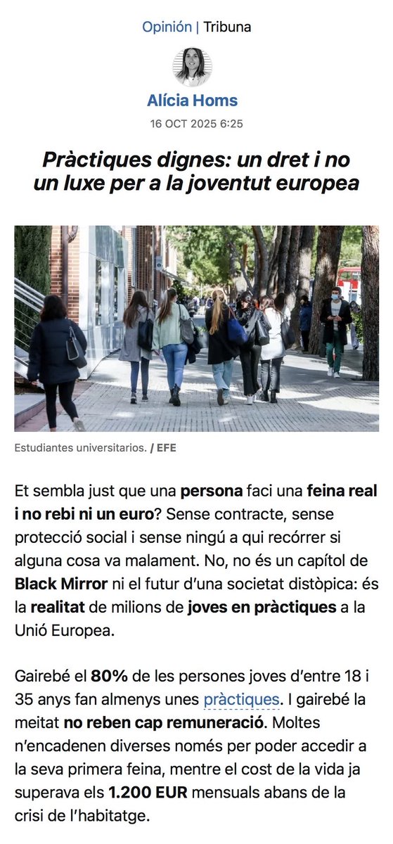 aliciahoms's tweet photo. 🎓💼 Les #pràctiques dignes no poden ser un luxe per a uns pocs.

Al @diariomallorca explic per què les socialistes hem fet una passa històrica amb aquesta proposta de Directiva europea per acabar amb l’explotació de les persones #joves en pràctiques.

📰 https://t.co/PTClpnVMZB https://t.co/xBFohqpMEi