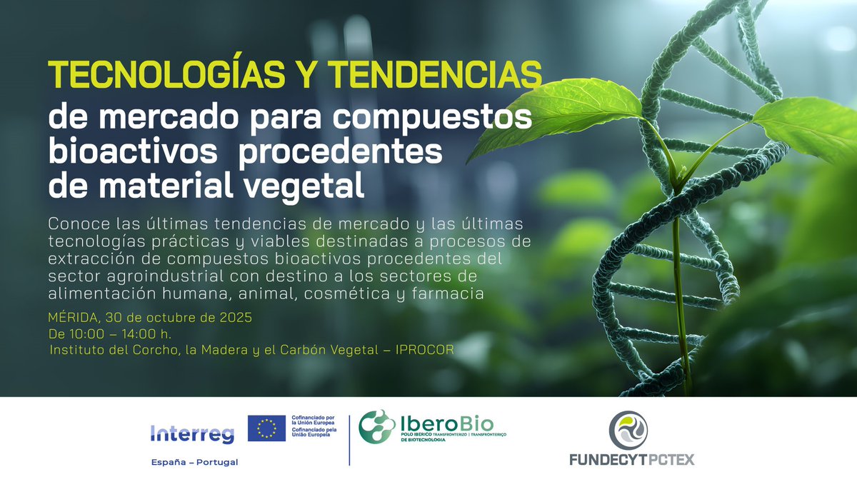 FundecytPCTEX's tweet image. Jornada: Tecnologías y Tendencias de Mercado para Compuestos Bioactivos Procedentes de Material Vegetal con @poctep - #IberoBio.

Fecha: 30 de octubre de 2025
Hora: 10:00 – 14:00 h.
Lugar: IPROCOR (Mérida)

👉 fundecyt-pctex.es/evento/tecnolo…

El sector agroindustrial genera residuos con…