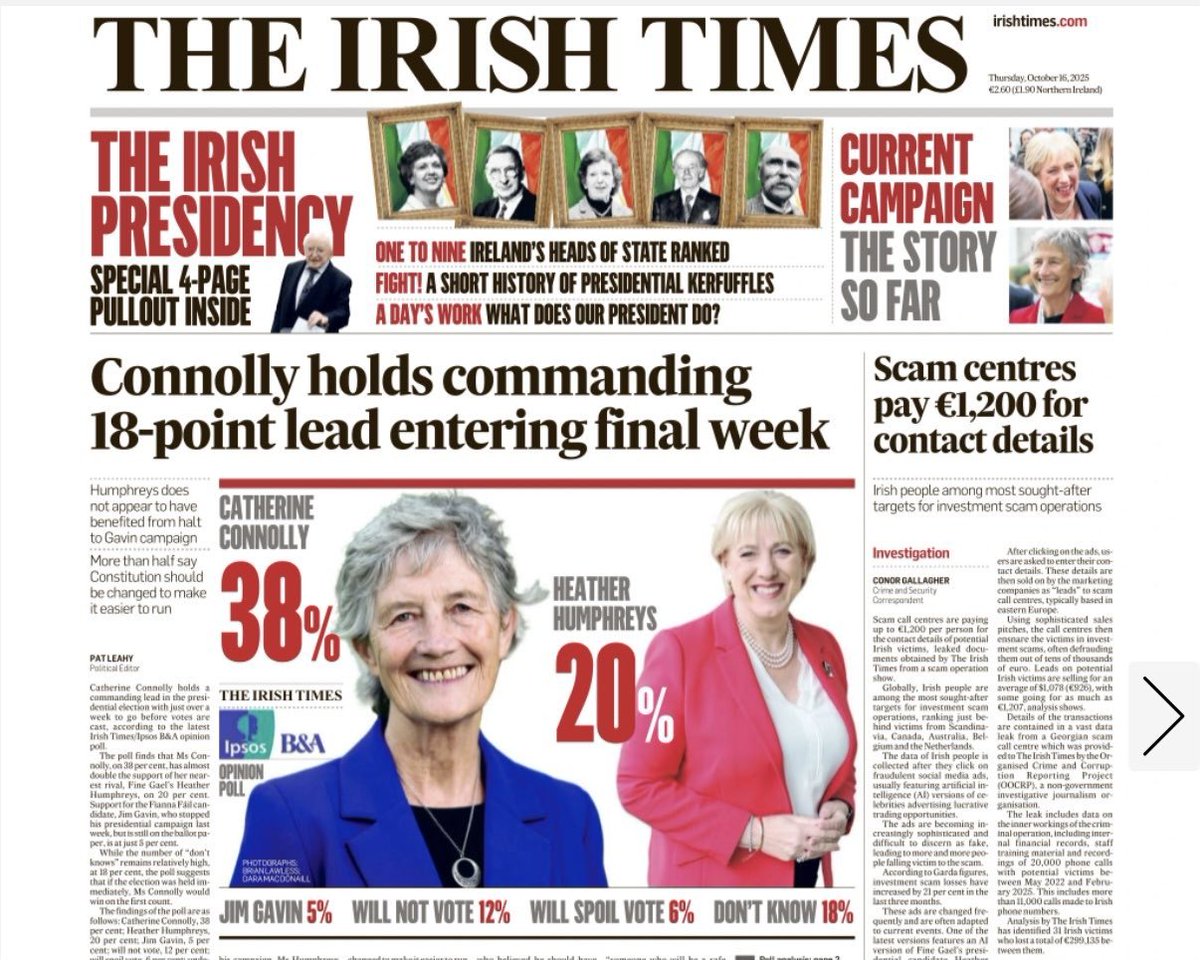 Connolly to win. I expect just under 40%. 
I predict Humphries and #SpoilTheVote2025 to be in around the same %. 
People are very angry and rightly so, they're done getting sxxt on by <a href="/FineGael/">Fine Gael</a> and <a href="/fiannafailparty/">Fianna Fáil</a> 
Lesson here: Don't mess with the democratic process. #aras2025