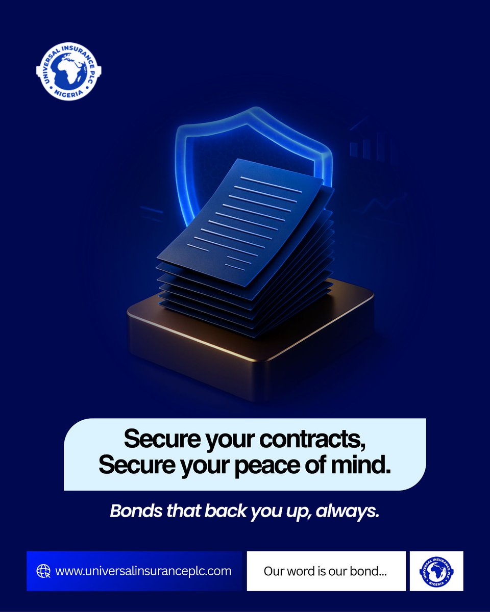 uinsuranceplc's tweet image. In Nigeria, a handshake isn’t enough anymore—secure your contracts with bonds that truly hold weight.

Visit universalinsuranceplc.com for your insurance needs today.

#InsuranceTrivia #KnowYourCoverage #UniversalInsurance #SmartChoices #StayInformed