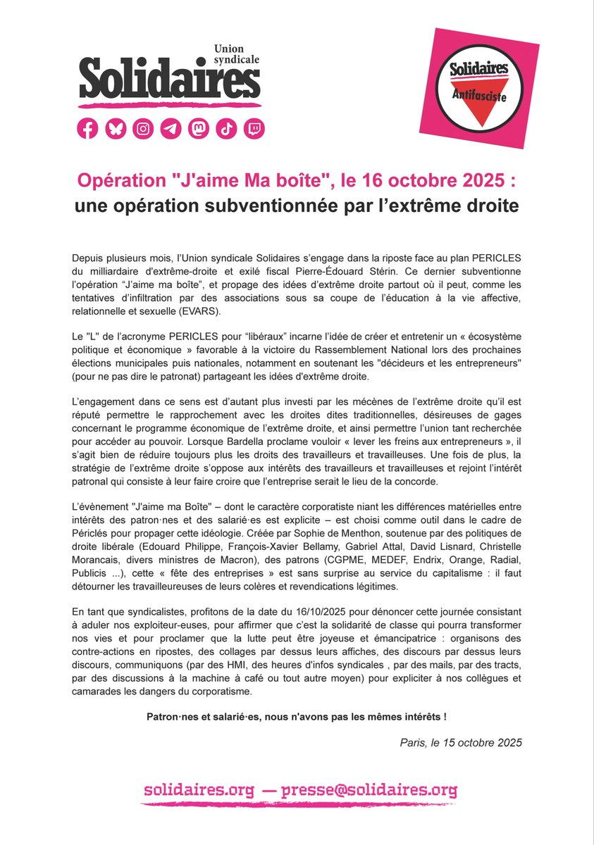 🔻En tant que syndicalistes, aujourd’hui nous dénonçons la journée « J’aime Ma Boîte » subventionnée par le milliardaire d’extrême-droite et exilé fiscal P-E Stérin.

🔴 salarié.es et grand patronat : nous n’avons pas les mêmes intérêts ! 

🟢#SUD c’est