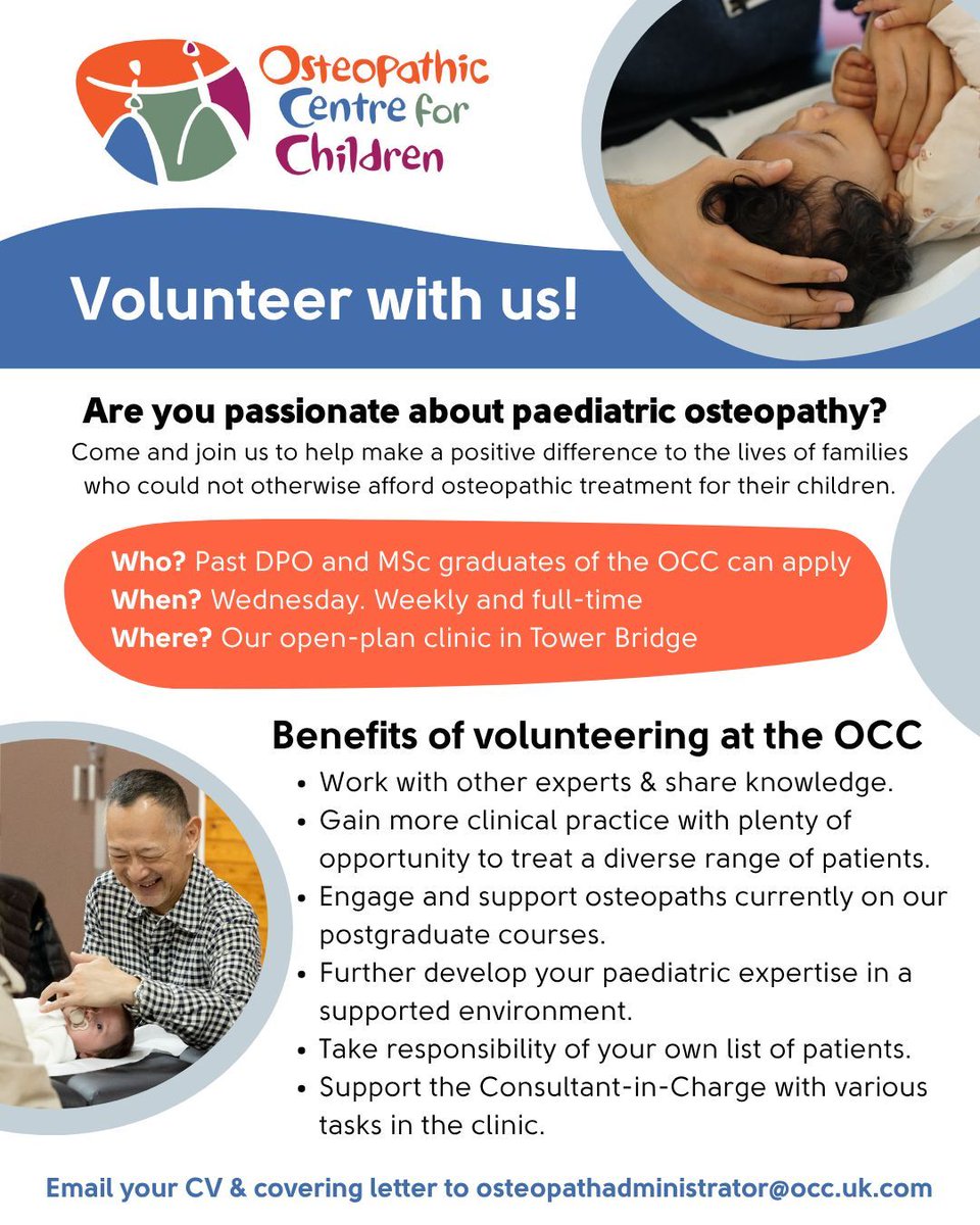 Have you considered volunteering at the OCC?
We're seeking some additional osteopaths to volunteer at our Tower Bridge clinic on Wednesdays. 

Email osteopathadministrator@occ.uk.com with a short cover letter &amp; your cv to apply. 

#Volunteer #Osteopath #OsteopathJobs