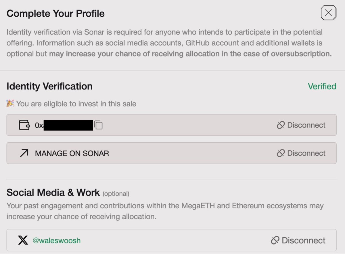 I recommend you do this asap for the MegaETH sale on Sonar, could be huge.

There is also an X and Discord connection button that may play a role in your allocation.

You need an Echo account to participate (yes, KYC).

But it's quite simple:

1) Go to echo[.]xzy and create an