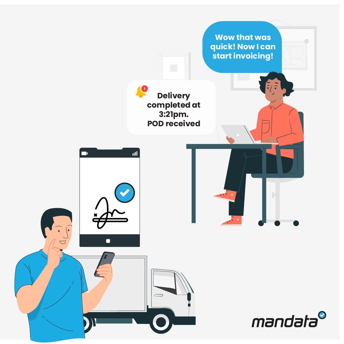 📱 ePODs Made Simple - From Driver to Pallet Network 📦

Chasing paperwork and uploading delivery proofs is a thing of the past. Along with Mandata’s Pallet Network integrations, ePODs and job updates are captured and shared automatically - no manual admin, no delays.

✅ Capture