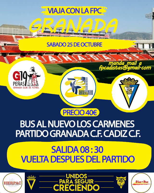#MAREAAMARILLAONTOUR viaje al ESTADIO "NUEVO LOS CARMENES" partido GRANADA CADIZ, SOLO BUS sin entrada, salida a las 08:30 PRECIO 40€ vuelta después del partido #unidosparaseguircreciendo
