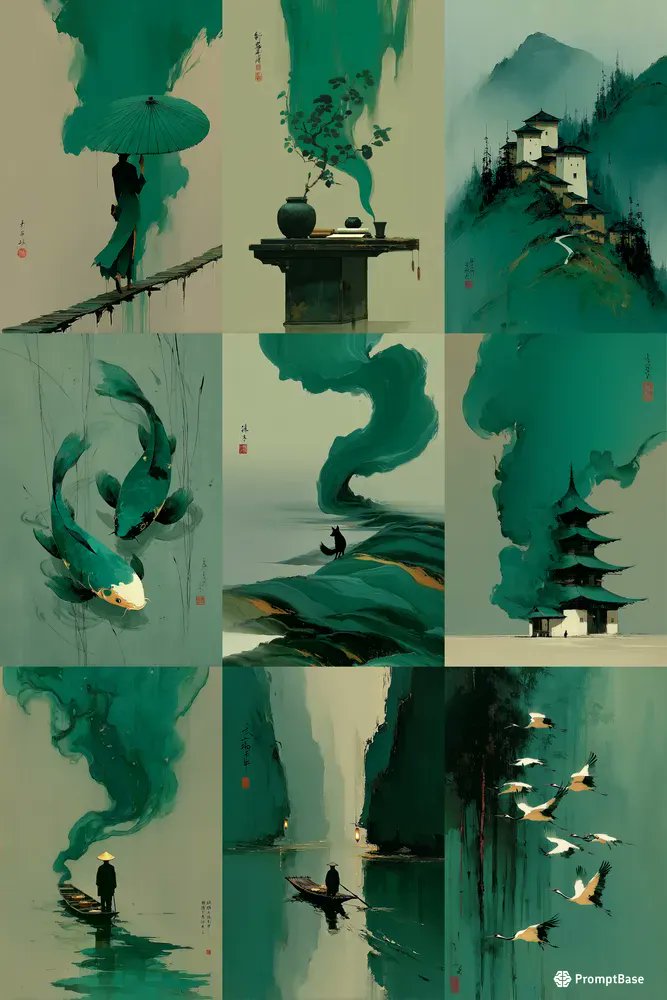 promptbase's tweet image. Emerald Sumie Dreamscapes Brush Touch by klay using Midjourney 🌿💭