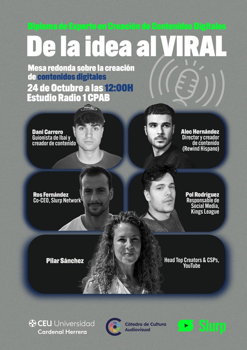 🎬 Vols saber com una idea arriba a fer-se viral?
Participa en la taula redona “De la idea al viral”, organitzada per la Càtedra de Cultura Audiovisual del <a href="/uchceu/">Universidad CEU UCH</a>
Participen:
🎙️ <a href="/_danicarrero/">Dani Carrero</a>
🎙️ <a href="/AlecHernandezC/">Alec Hernández</a>
🎙️ Ros Fernández 
🎙️ <a href="/thealpha25/">Pol Rodríguez</a>
🎙️ Pilar Sánchez (YouTube)
