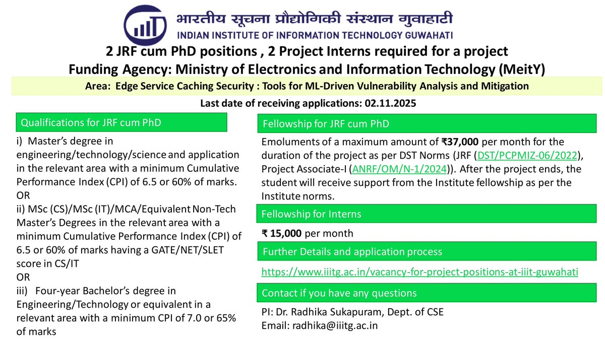 Exciting opportunity for research at IIIT Guwahati. 
We are looking to recruit 2 PhD scholars and  2 research interns for a well-funded project from the Ministry of Electronics and Information Technology (MeitY). 
Further details are available at: iiitg.ac.in/vacancy-for-pr….