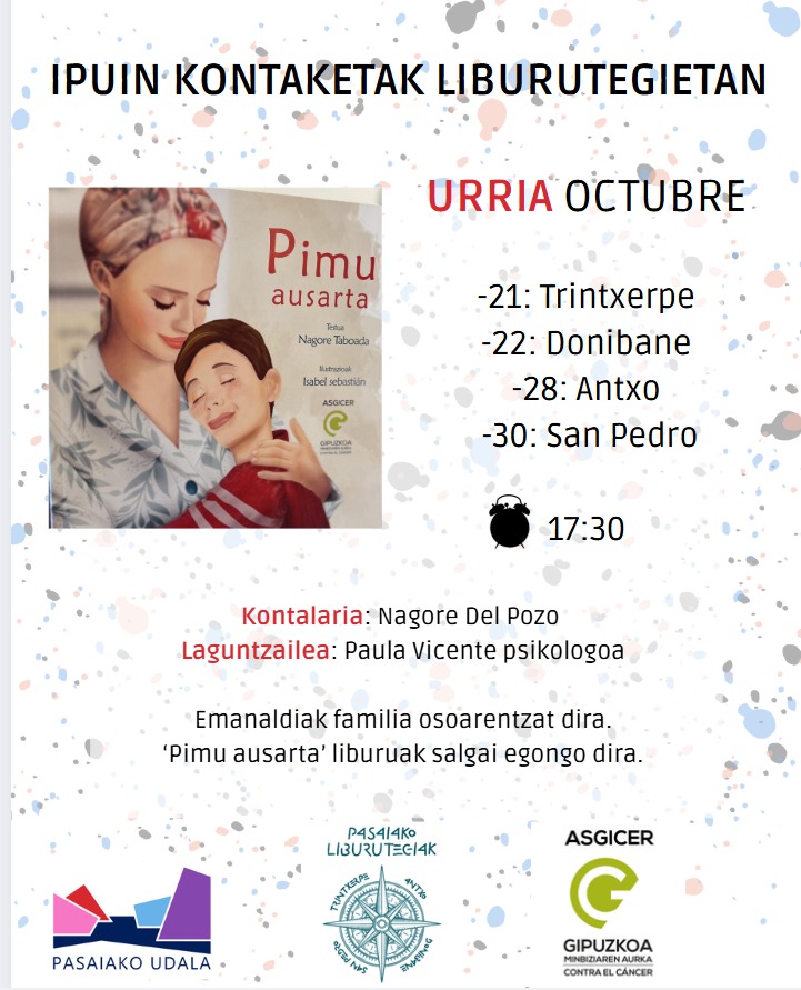 Nueva actividad!
Los dias 21, 22, 28 y 30 de octubre estaremos en las diferentes bibliotecas de <a href="/pasaiakoudala/">Pasaiako Udala</a> 
Ekintza berria!
Urriaren 21, 22, 28 eta 30ean <a href="/pasaiakoudala/">Pasaiako Udala</a> liburutegietan egongo gara