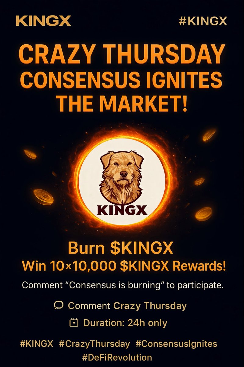 🍗 Crazy Thursday just got hotter!
We’re not eating fried chicken — we’re burning $KINGX! 🔥
And to spice it up… we’re giving away 10 prizes of 10,000 $KINGX each! 💎
💬 Comment “Consensus is burning” below,
and 10 lucky winners will get their rewards instantly! 🚀

#KINGX
