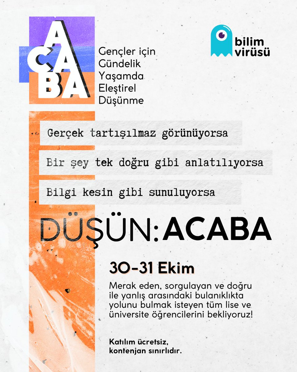 Gördüğün her şeye inanıyor musun?
Bilgiyi seçtiğini mi sanıyorsun, yoksa algoritmalara mı teslim oldun?
Dijital konfor alanın seni ne kadar sınırlıyor?

Tüm bu soruların cevabını ACABA programında birlikte arıyoruz. 

👇
docs.google.com/forms/d/e/1FAI…