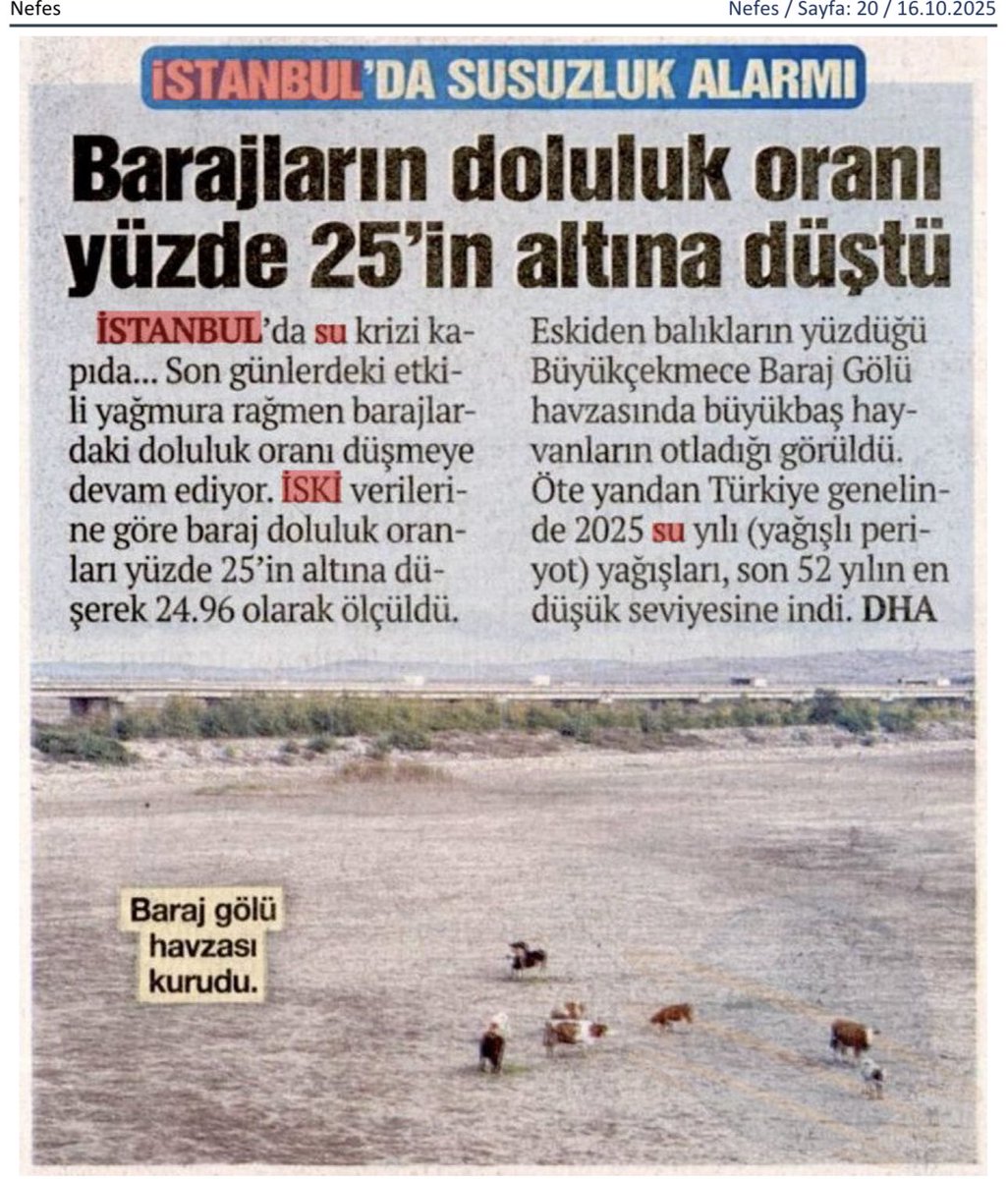 Barajlarımızın doluluk oranı %25’in altına gerilemiş durumda. Bu oran geçen yıl %33 seviyesindeydi. Günlük su kullanımımız 3.160.000 m3. Son yılların en şiddetli kuraklığına rağmen İSKİ aldığı önlemlerle haklımızı susuz bırakmadı. Bu dönemi sorunsuz atlatmamız için su tasarrufu