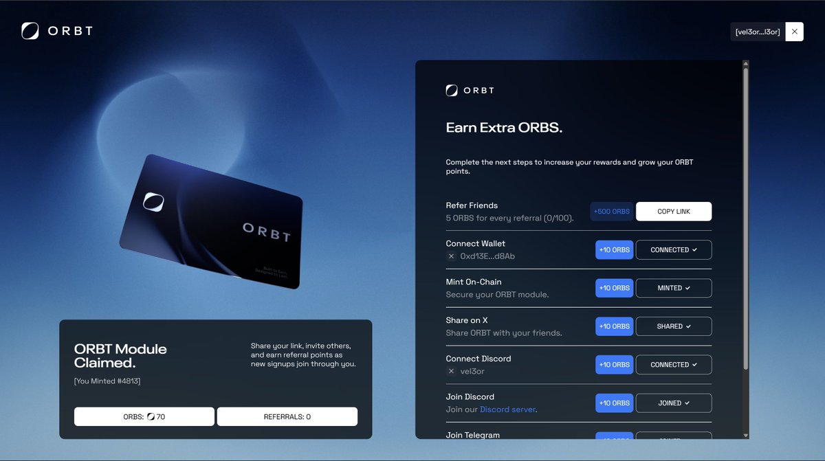 vel3or's tweet photo. 🚀 Meet ORBT Hub — the new modular center of the @ORBT_Protocol ecosystem.
Fast connections, scalability, and flexibility — all in one place.
💎 Join their Discord — you can earn ORBS right now!
Step into the future of Web3 with ORBT. 💫 https://t.co/q5LTIvG5zJ