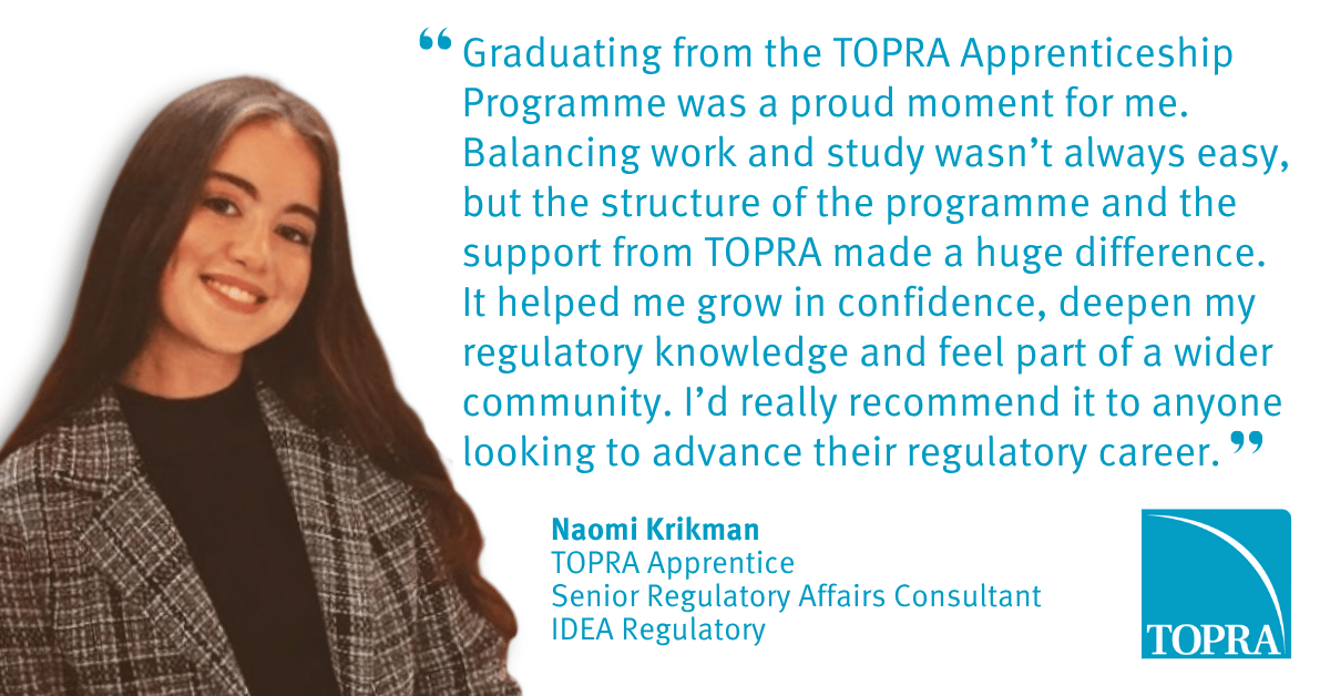 Recent #TOPRA Apprenticeship graduate Naomi Krikman shares how the programme helped her grow in confidence and strengthen her regulatory knowledge.⏳Level 7 apprenticeship levy funding ends Jan 2026. 

Apply now to benefit from the levy before it ends 👉 topra.org/TOPRA/TOPRA_Me…