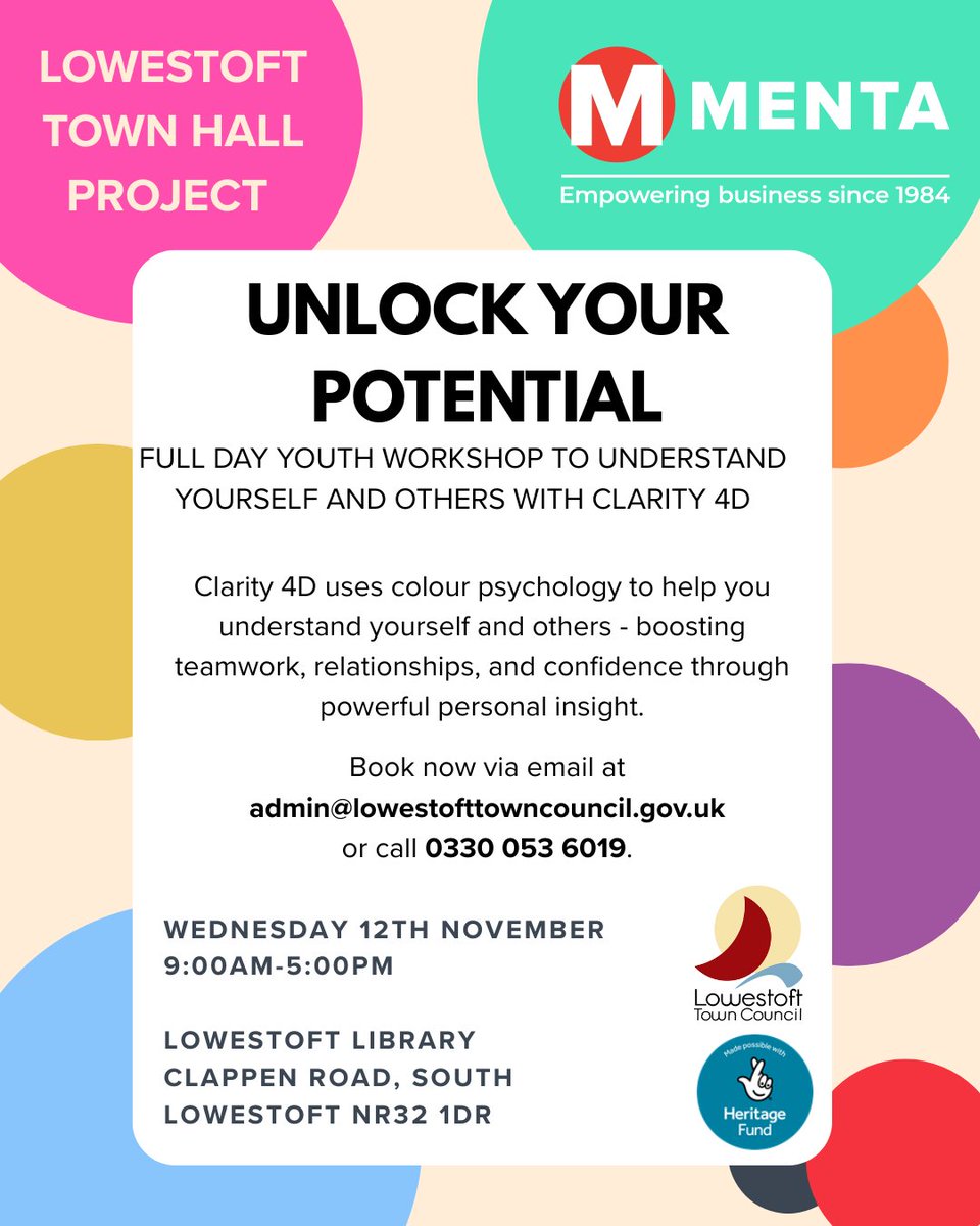 MENTABusiness's tweet photo. As part of the Lowestoft Town Hall Project MENTA are hosting a full day youth workshop on Clarity 4D! 

To book email admin@lowestofttowncouncil.gov.uk or call 0330 053 6019 📲 https://t.co/psNLozFID5