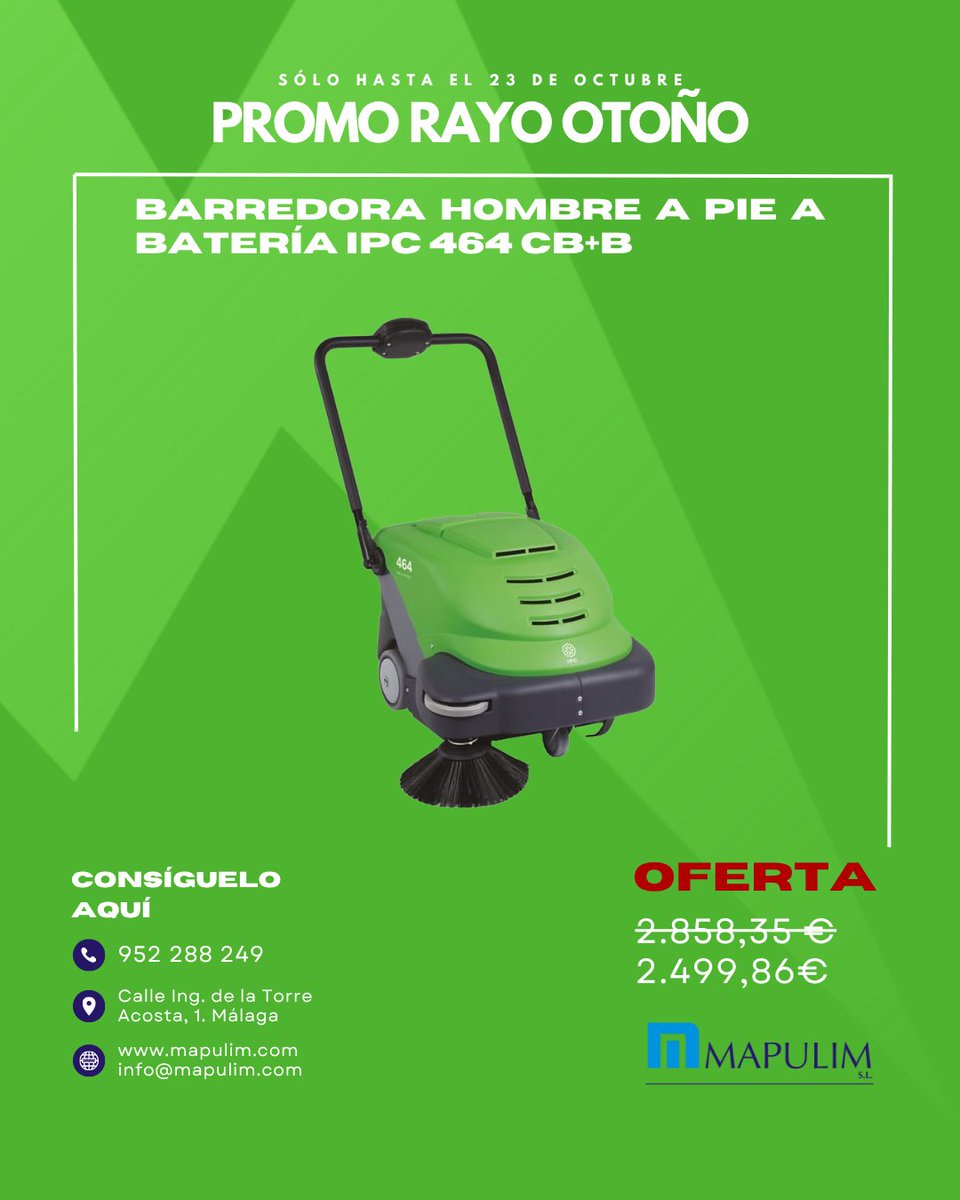 Mapulim's tweet photo. 🍂 ¡Promo IPC Rayo Otoño!

Descubre la barredora a batería IPC 464 CBB: compacta, eficaz y perfecta para mantener cualquier espacio limpio.

¡Haz tu pedido con condiciones especiales!
👉 https://t.co/j5fAYo3Bw0

#LimpiezaProfesional #MarcasDeConfianza https://t.co/o7j7hkbAWP