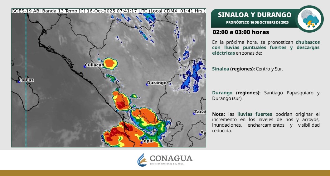 conagua_clima's tweet photo. Durante la próxima hora, se pronostican #Lluvias puntuales fuertes con #DescargasEléctricas en #Sinaloa y #Durango. https://t.co/0hKiWVyfVp