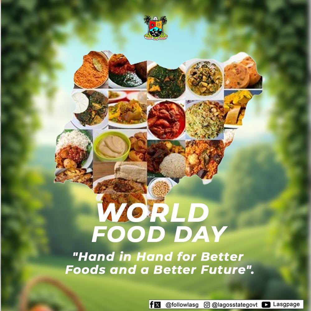 followlasg's tweet photo. World Food Day
Why are we celebrating World Food Day? It is a reminder that food is more than a meal; it is connection, comfort, and culture on a plate. From recipes passed down through generations to the creative dishes we make our own, food unites us in joy and nourishes both body and soul.
Let us  join hands together to ensure that everyone has access to safe, nutritious food because no one deserves to  go to bed hungry. 
Put a smile on someone's face today by sending them a plate of food.

@jidesanwoolu 
@drobafemihamzat 
@gbenga_omo @gboyegaakosile @BSaluHundeyin @Mr_JAGs @Riddwane 
@BarrBimbola
@LanreBajulaiye 

#AGreaterLagosRising 
#LASG
#WorldFoodDay #NoCaloriesToday
#ZeroHunger
#FoodGoals
#EatBetterLiveBetter
#TeamExtraPortion