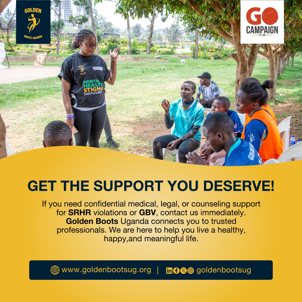 GoldenBootsUg's tweet image. Need confidential SRHR or GBV support? Don&apos;t wait. Golden Boots Uganda connects you to trusted legal, medical, and counseling help. Reach out and get the support you deserve!
#GoldenBootsUG #GetSupport #SRHR