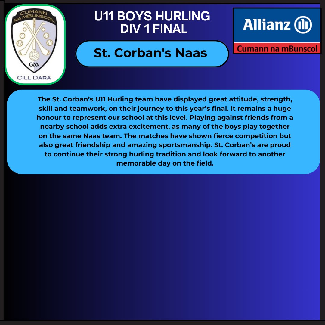 cumannchilldara's tweet photo. The Div 1 U11 Boys Hurling Final will be exciting one.  St. Corbans Naas vs Scoil an Linbh Íosa Holy Child Ballycane
@AllianzIreland

@cnambnaisiunta
@KildareGAA
@NaasGAA
@StCorbansNS https://t.co/u3Tc4GRwTW