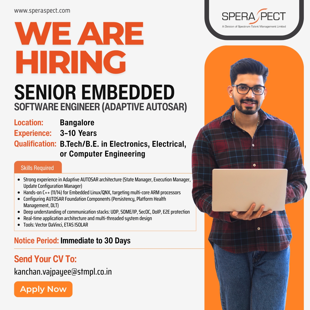 speraspect's tweet image. We’re Hiring! Senior Embedded Software Engineer (Adaptive AUTOSAR) – Bangalore | 3–10 yrs | C++ (11/14), Embedded Linux/QNX, AUTOSAR.
Apply Now!: kanchan.vajpayee@stmpl.co.in

#EmbeddedSoftware #Bengaluru #BengaluruJobs #JobsinBengaluru #Bangalore #TechRecruitment #Speraspect