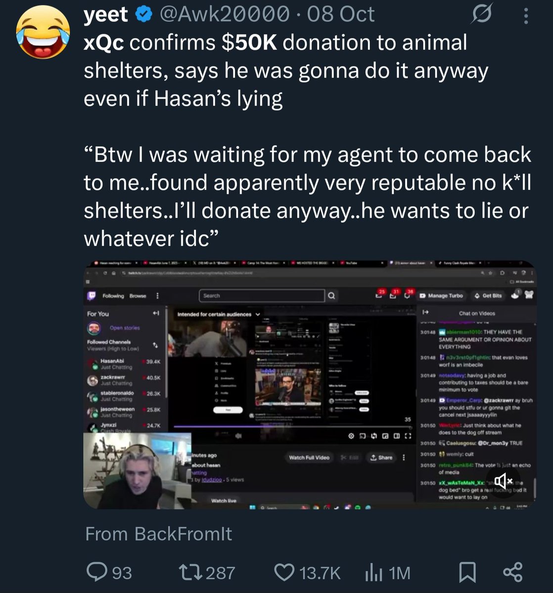 Asmongold's tweet image. Crying about context and facts when you openly lie about people, here's an example:
You accused xqc of not donating the 50k when 2 days prior to your post, he confirmed he donated
You're mad when people tell the truth about you while you spread misinformation about others