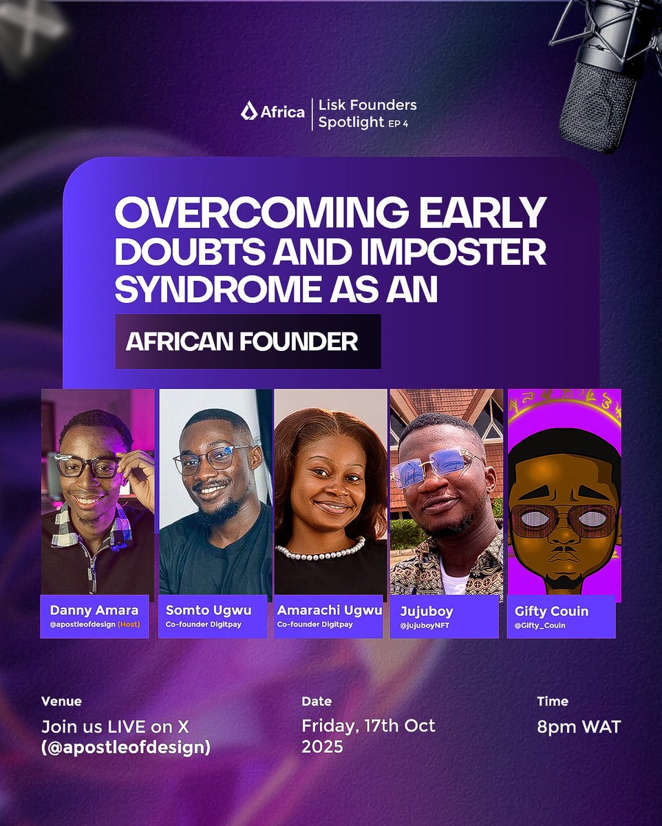 apostleofdesign's tweet image. There’s such a thing as Early Doubts and Imposter Syndrome as a Founder and this time at Lisk Founders Spotlight, we will be having @ugwusomtooo @amarachiugwu_, co-founders of @digitpayfinance share experiences and lessons from their founder journey.
Don’t miss this Live…