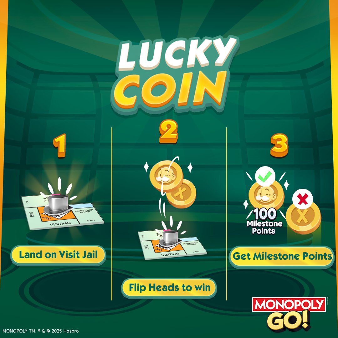 MonopolyGO's tweet photo. 🪙Heads or Tails? All it takes is a Lucky Coin flip!
Spin your luck. https://t.co/Q9b2kqQ10j