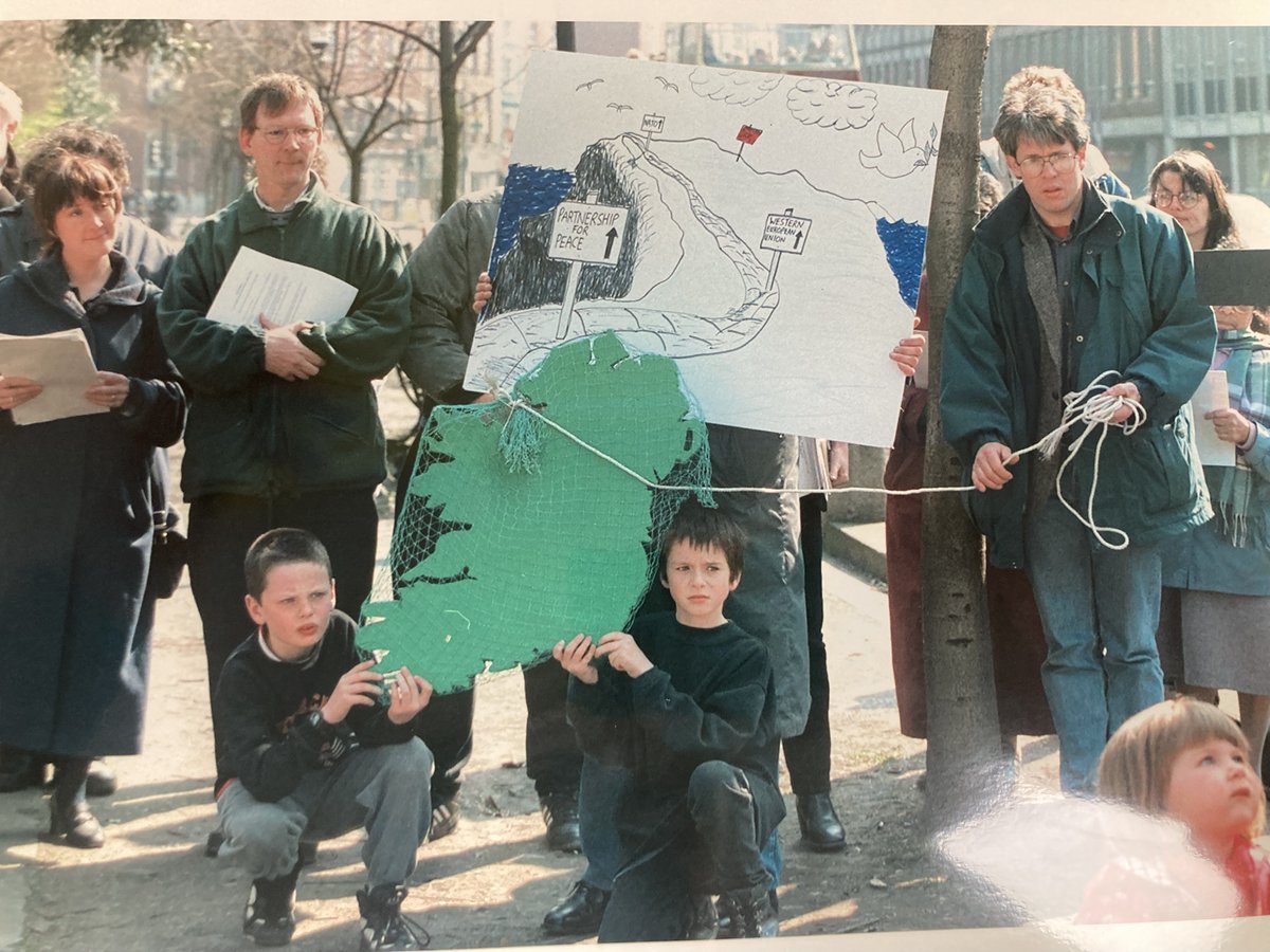 Protest against the Irish Government's decision to join NATO's Partnership for Peace in 1999. Fianna Fáil reneged on their election manifesto not to join the PfP. 

The drawing - first step PfP, then EU military integration, then NATO, then the end. The erosion of our neutrality.