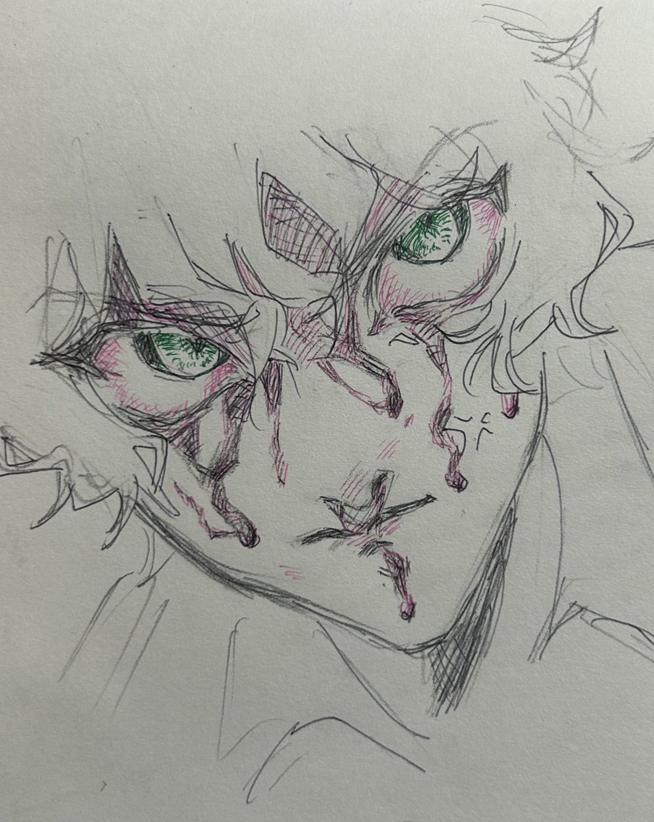 ピンクと緑のボールペンしかないせいで白目をピンクにされてるアカヤさん