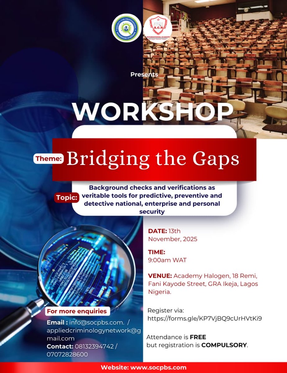 🚨 Workshop Alert! 🚨
Join experts as we explore how background checks and verifications can strengthen predictive, preventive &amp; detective security across enterprises and personal safety.

🗓 13th Nov, 2025 | ⏰ 9AM | 📍 Ikeja, Lagos.
To Register : forms.gle/KP7VjBQ9cUrHVt…

#spbs
