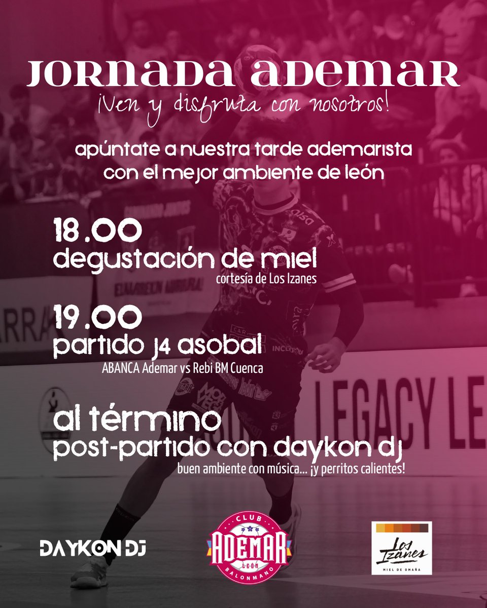 ADEMARLEON's tweet photo. 🐝 DEGUSTACIÓN DE MIEL, DJ Y PERRITOS CALIENTES - SÁBADO 18
🍯 Abrimos nuestras puertas a las 18h con degustación de miel.
🤾🏼 Continuamos con el partido contra @BMCdadEncantada
🌭 Y finalizamos con Daykon DJ y perritos calientes en el #adebar.
@SomosABANCA
#asobal #Balonmano https://t.co/9dAJlcZRvh